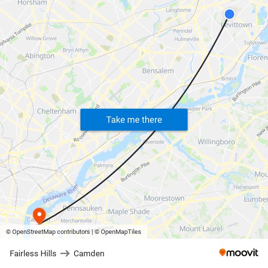 Fairless Hills to Camden map