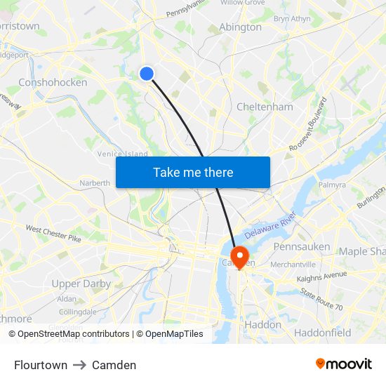 Flourtown to Camden map