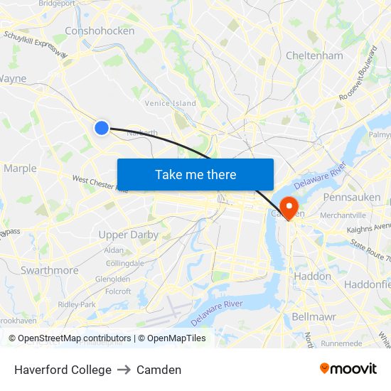 Haverford College to Camden map