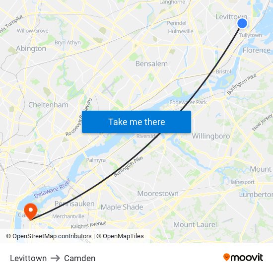 Levittown to Camden map