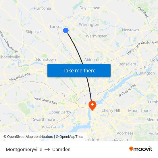 Montgomeryville to Camden map