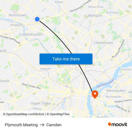 Plymouth Meeting to Camden map