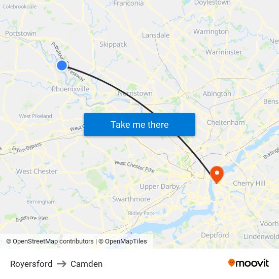 Royersford to Camden map