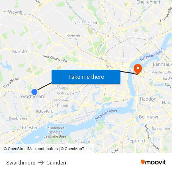 Swarthmore to Camden map