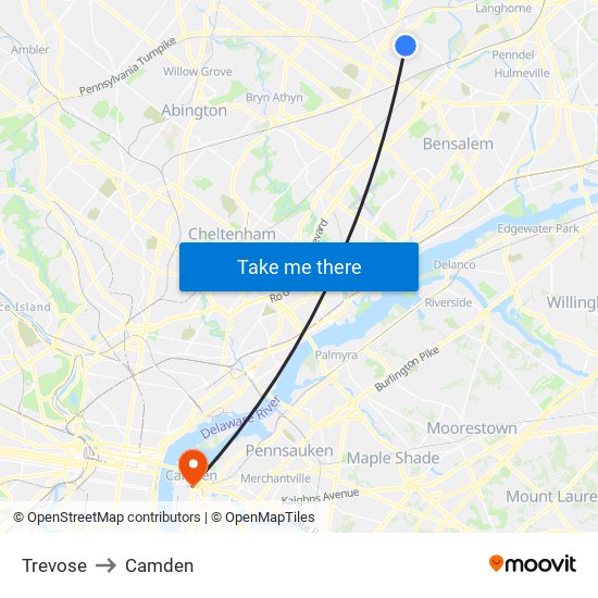 Trevose to Camden map