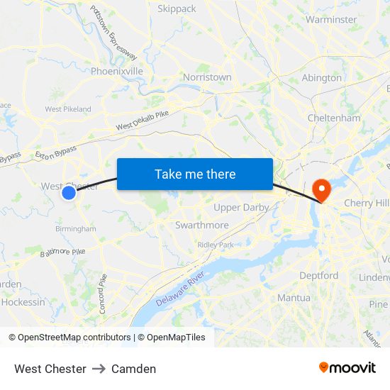 West Chester to Camden map