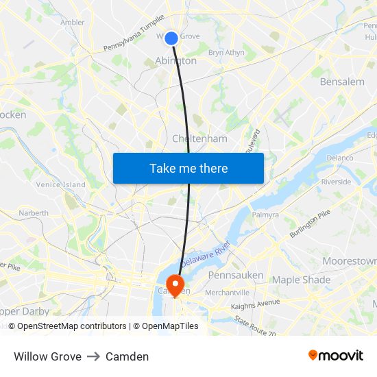 Willow Grove to Camden map