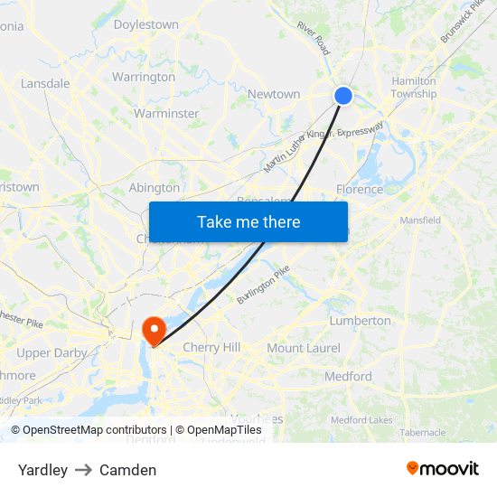 Yardley to Camden map