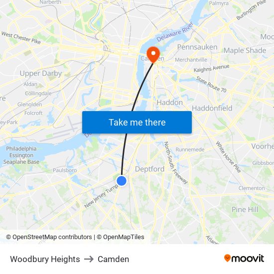 Woodbury Heights to Camden map