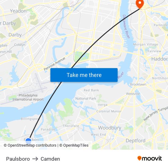Paulsboro to Camden map
