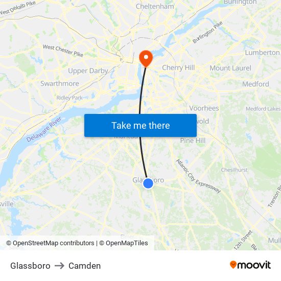 Glassboro to Camden map