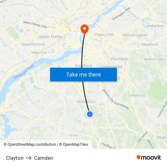 Clayton to Camden map