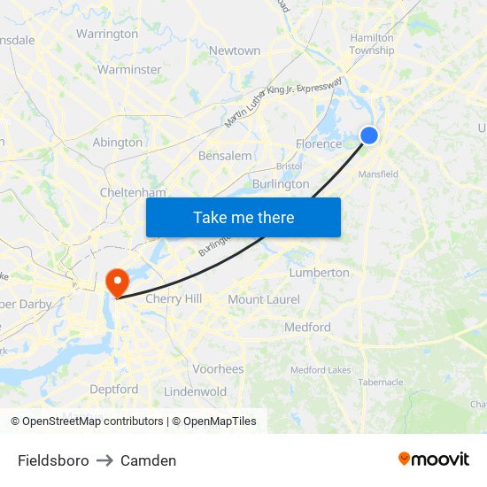 Fieldsboro to Camden map
