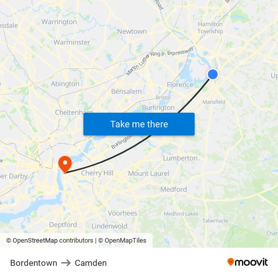 Bordentown to Camden map