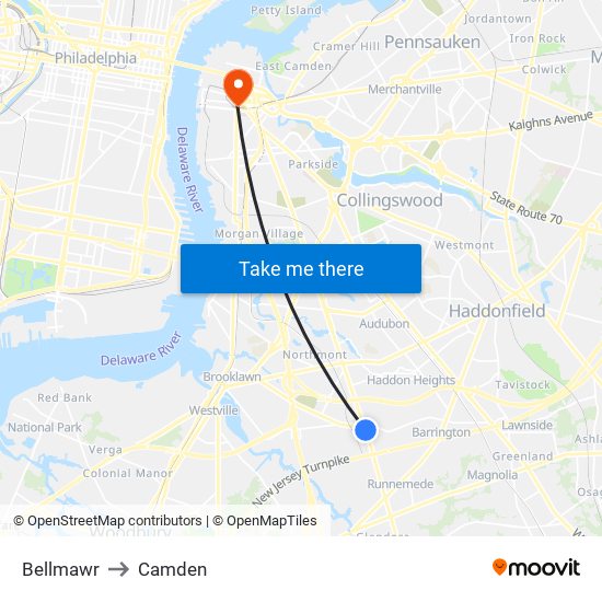 Bellmawr to Camden map
