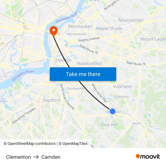 Clementon to Camden map