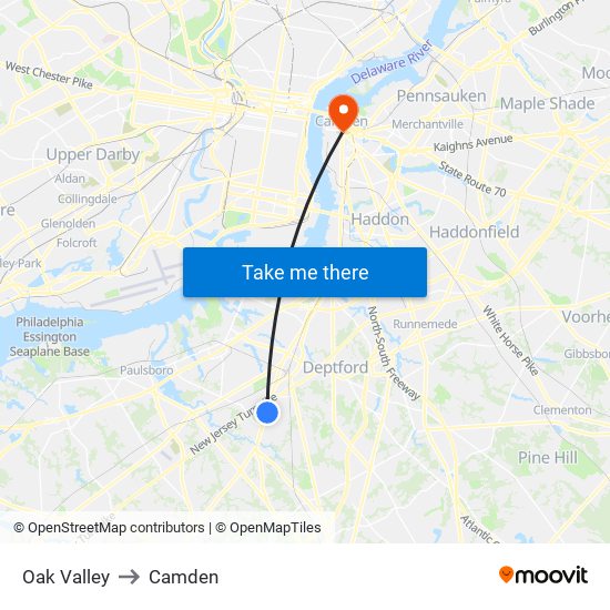 Oak Valley to Camden map