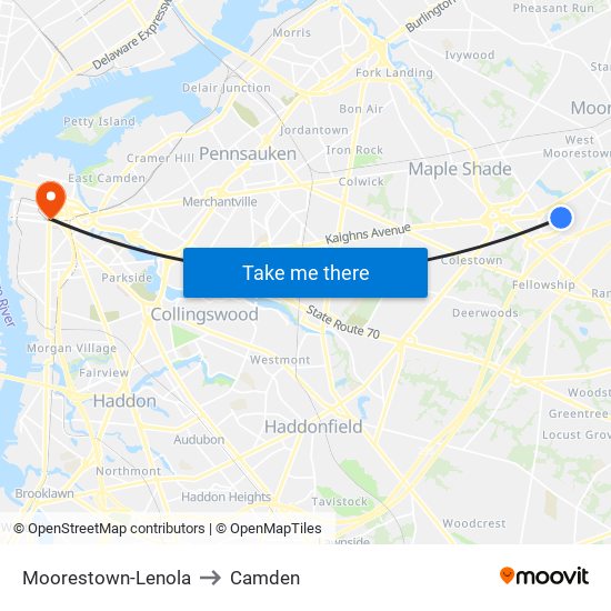 Moorestown-Lenola to Camden map