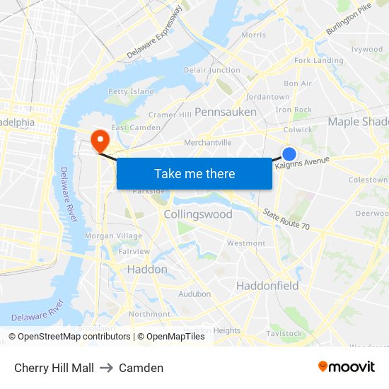 Cherry Hill Mall to Camden map