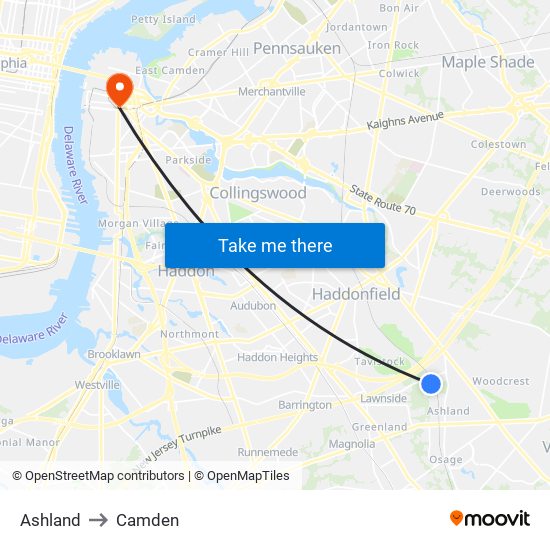 Ashland to Camden map