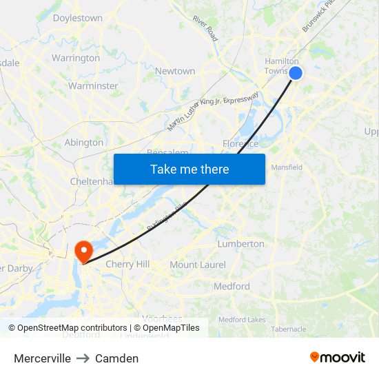 Mercerville to Camden map