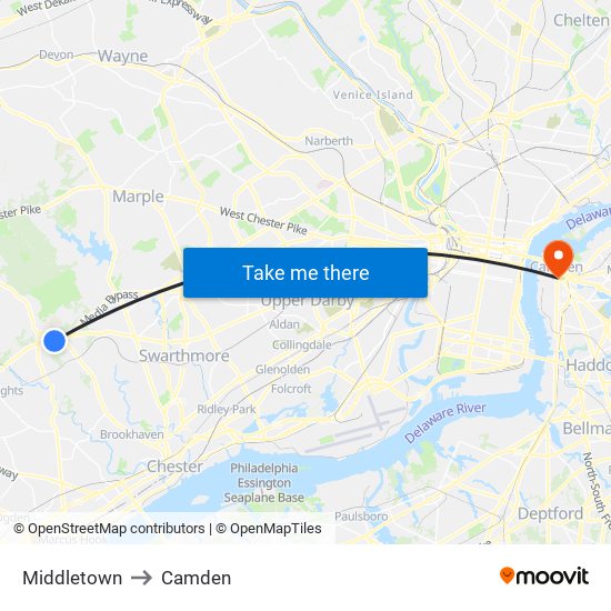 Middletown to Camden map
