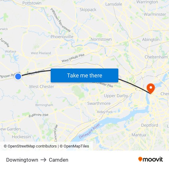 Downingtown to Camden map
