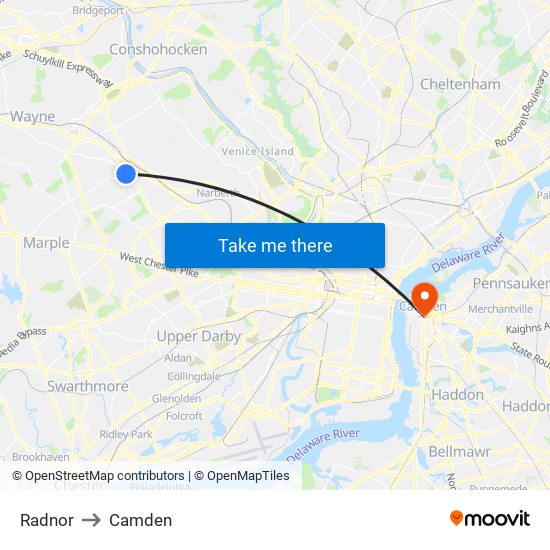 Radnor to Camden map
