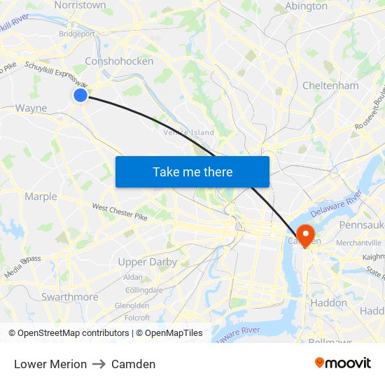 Lower Merion to Camden map