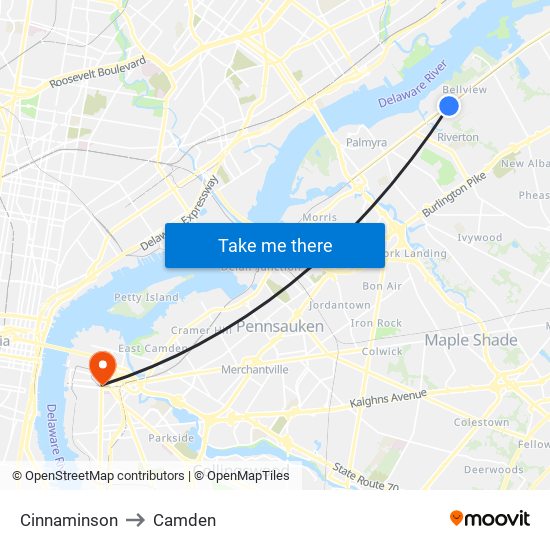 Cinnaminson to Camden map