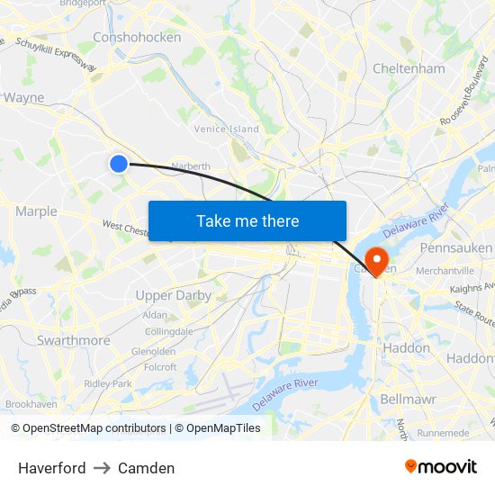 Haverford to Camden map