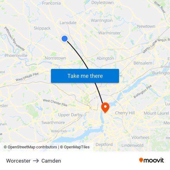 Worcester to Camden map