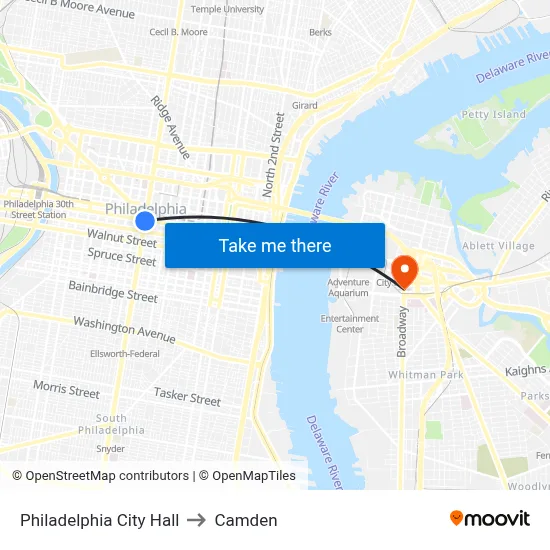 Philadelphia City Hall to Camden map