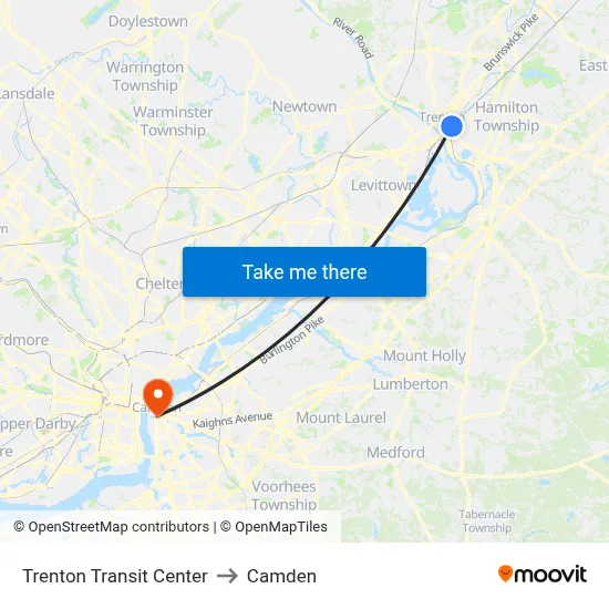 Trenton Transit Center to Camden map
