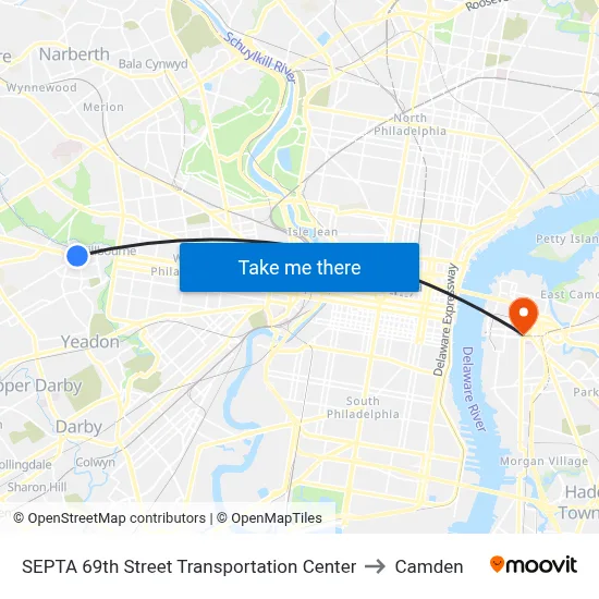 SEPTA 69th Street Transportation Center to Camden map