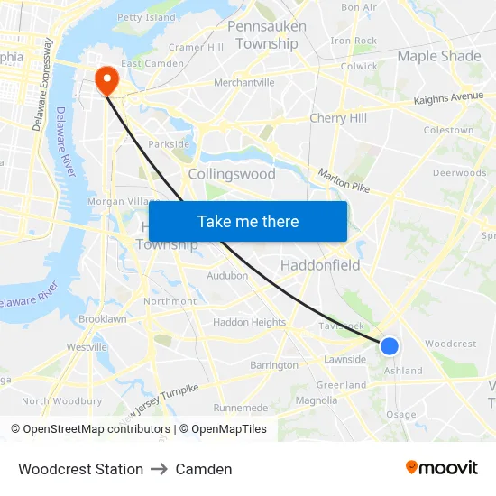 Woodcrest Station to Camden map