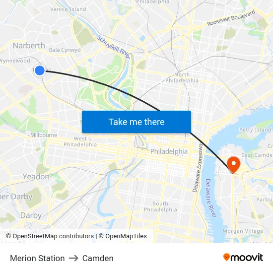 Merion Station to Camden map