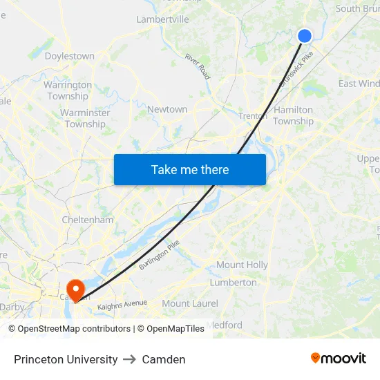 Princeton University to Camden map