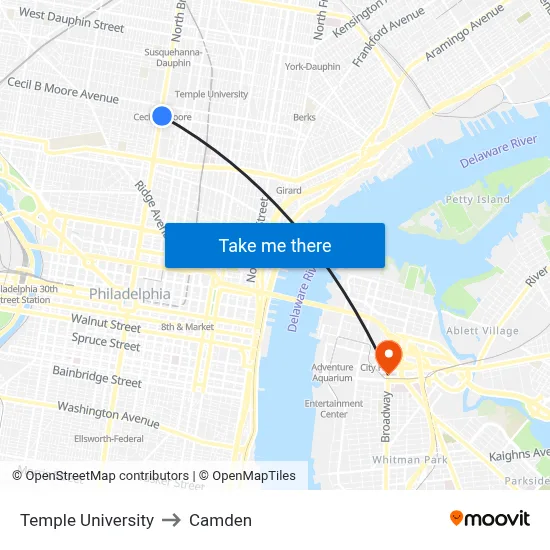 Temple University to Camden map