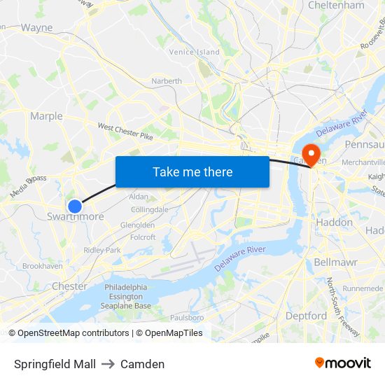 Springfield Mall to Camden map