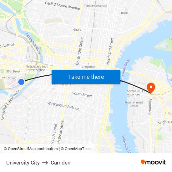 University City to Camden map