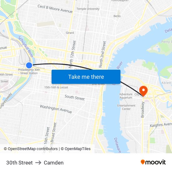 30th Street to Camden map