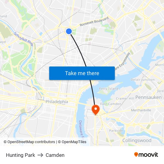Hunting Park to Camden map