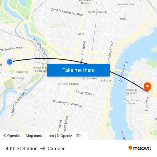 40th St Station to Camden map