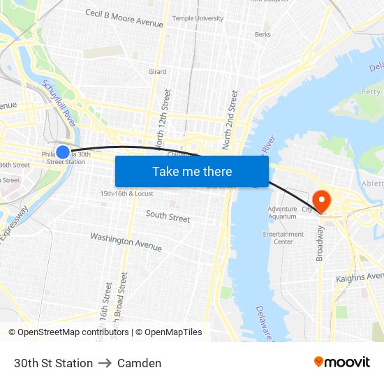 30th St Station to Camden map