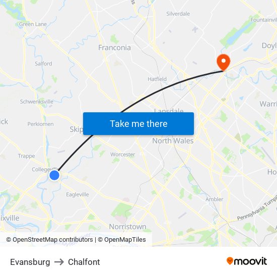 Evansburg to Chalfont map