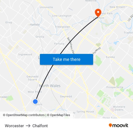 Worcester to Chalfont map