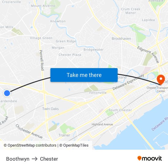 Boothwyn to Chester map