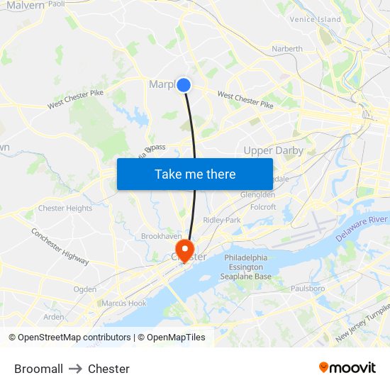 Broomall to Chester map