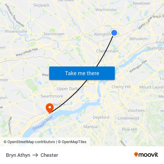 Bryn Athyn to Chester map